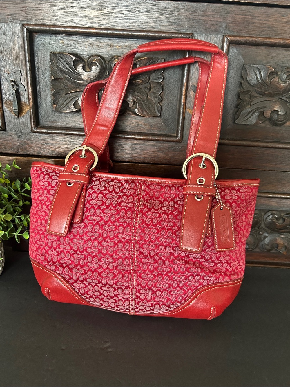 Beautiful Red Signature Jacquard and Leather Tote